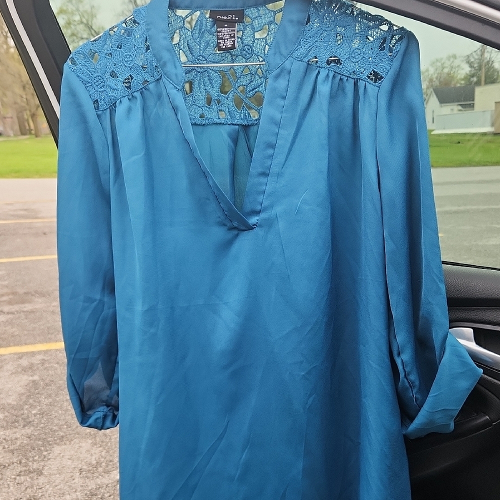 Rue21 Blue Relaxed Blouse with Embellished Mandarin Collar